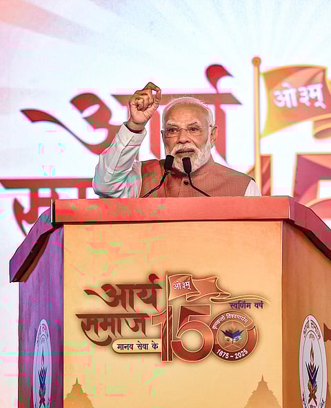 PM Modi speaks at the International Aryan Summit 2025 commemorating the 200th birth anniversary of Maharshi Dayanand Saraswati and 150 years of Arya Samaj's service to society.