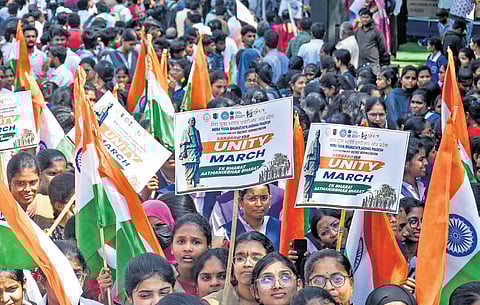 Students take part in Ekta Divas rally to mark the 150th birth anniversary of Sardar Vallabhbhai Patel in Vijayawada on Friday