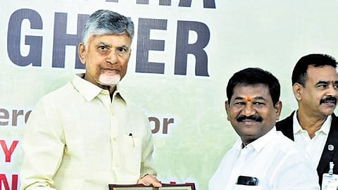 Chief Minister N Chandrababu Naidu on Saturday felicitated Social Welfare Minister Dola Sree Bala Veeranjaneya Swamy and Ongole Municipal Commissioner K Venkateswara Rao with appreciation certificates and mementoes at a special ceremony at his Undavalli camp office
