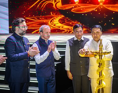 FIDE president Arkady Dvorkovich (2nd L) during the Opening Ceremony of the World Cup 2025 at Taleigao, Goa, on Friday