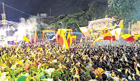 People in thousands gather at Rani Channamma Circle in Belagavi to celebrate Kannada Rajyotsava on Saturday evening.