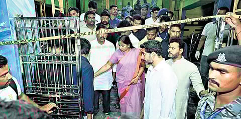 IT Minister Nara Lokesh, Home Minister Vangalapudi Anitha and Union Civil Aviation Minister K Rammohan Naidu at the stampede site in Kasibugga