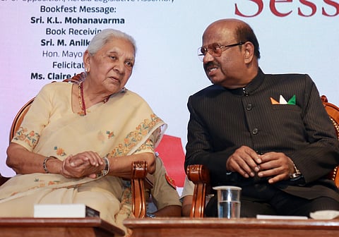 CV Ananda Bose, governor of Bengal, and Anandi Ben Patel, governor of Uttar Pradesh interacting during the inaugural session of 10-day Kochi International book festival on Saturday.