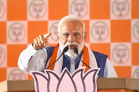 Prime Minister Narendra Modi addresses a public meeting ahead of Bihar Assembly elections, in Arrah, Bihar.