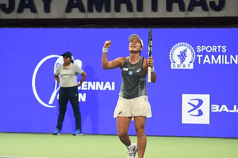 Janice Tjen rejoices after beating Kimberley Birrell of Australia in the final