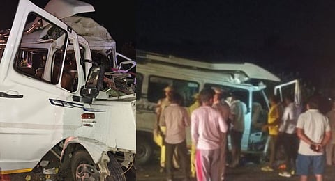 A bus full of people, returning from Bikaner, crashed into a stationary trailer in Bapini village of Phalodi, Rajasthan.