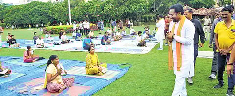 Union minister G Kishan Reddy campaigns for BJP candidate Lankala Deepak Reddy at Krishna Kanth Park in Yousufguda on Sunday