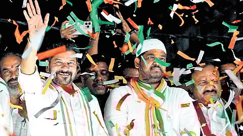 Chief Minister A Revanth Reddy waves at the crowd during his roadshow as part of the Jubilee Hills byelection campaign, at Borabanda in Hyderabad on Saturday.
