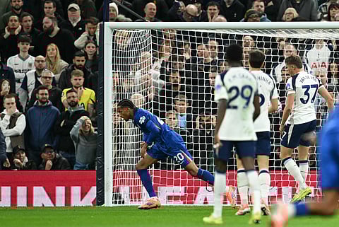 Chelsea's Brazilian striker Joao Pedro celebrates scoring the opening goal during the EPL football match between Tottenham Hotspur and Chelsea on November 1, 2025.