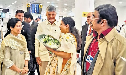 Chief Minister N Chandrababu Naidu and his wife Bhuvaneswari being greeted by Telugu diaspora upon their arrival in London on Sunday.