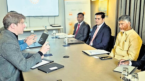 CM Chandrababu Naidu at a meeting with Octopus Energy International director Chris Fitzgerald in London on Monday.