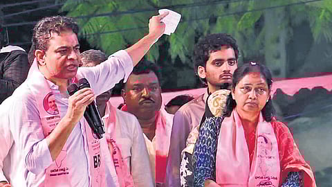 BRS working president KT Rama Rao campaigns for party candidate Maganti Sunitha during a roadshow in Borabanda on Monday.