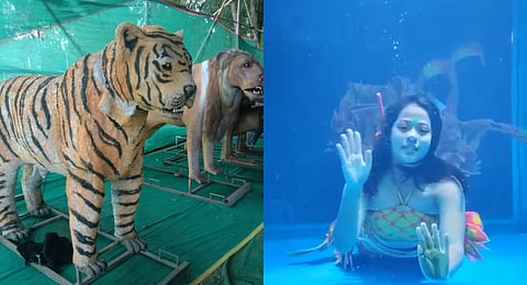 File photo of live mermaid show (R) and robotic animals (L) being installed at lower Balijatra ground in Cuttack.