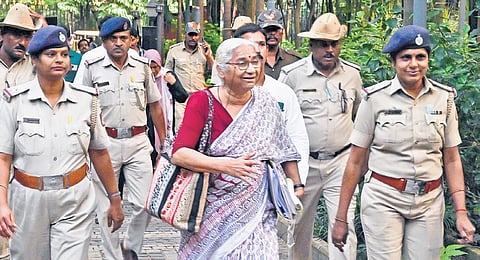 Activist Medha Patkar arrives for the release of a report on the Honnavar Port project in Bengaluru on Tuesday.