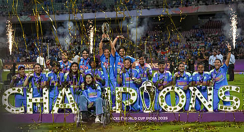 Indias players celebrate with the trophy during the presentation ceremony after winning the ICC Womens World Cup 2025, at the DY Patil Stadium, in Navi Mumbai, early Monday, Nov. 3, 2025