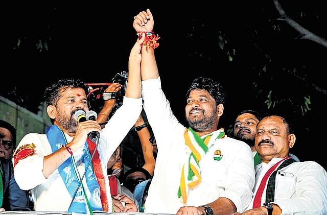 Chief Minister A Revanth Reddy campaigns for Congress candidate Naveen Yadav at Rahmatnagar in Hyderabad on Tuesday