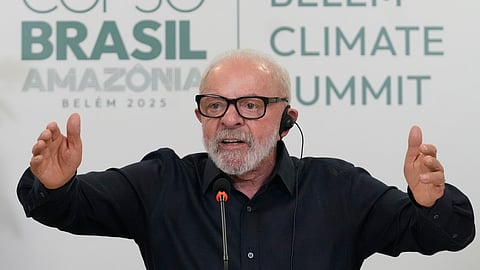 Brazil's President Luiz Inacio Lula da Silva speaks during an interview with the foreign media ahead of the COP30 UN Climate Summit in Belem, Para state, Tuesday, Nov. 4, 2025.