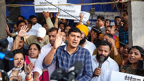 AAP state president Saurabh Bharadwaj during the protest on Monday.