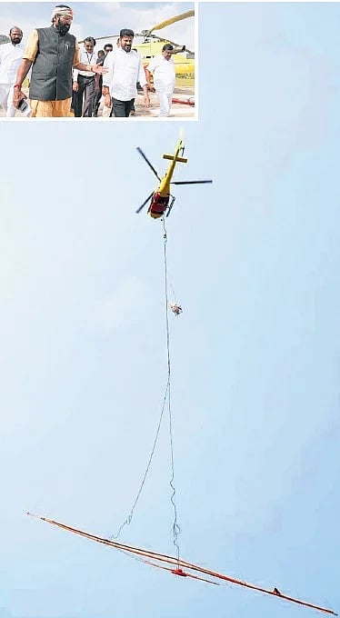 Chief Minister A Revanth Reddy and Irrigation Minister Uttam Kumar Reddy monitors the helicopter-borne VTEM Plus magnetic survey of SLBC tunnel.