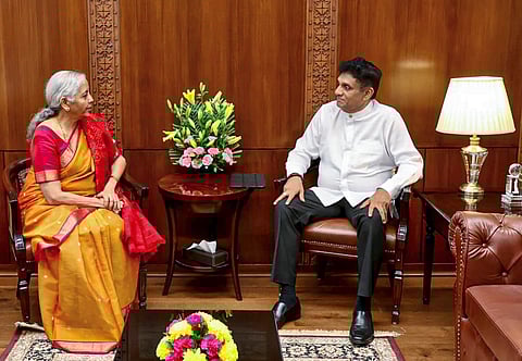 Union Finance Minister Nirmala Sitharaman meets Sri Lankas Leader of Opposition Sajith Premadasa during his visit to New Delhi.