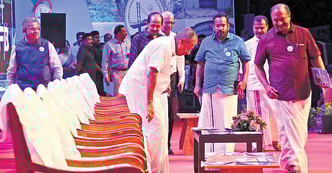 Chief Minister Pinarayi Vijayan takes his seat during the KIIFB silver jubilee celebrations at Nishagandhi auditorium in Thiruvananthapuram on Tuesday. Ministers K N Balagopal, K Rajan and G R Anil, Chief Secretary A Jayathilak, MLA V K Prasanth, and KIIFB CEO K M Abraham are also seen