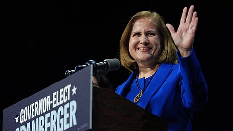 Democrat Ghazala Hashmi speaks on stage at an election night watch party for Democrat Abigail Spanberger after Hashmi was declared the winner of the Virginia lieutenant governor's race Tuesday, Nov. 4, 2025, in Richmond, Va.