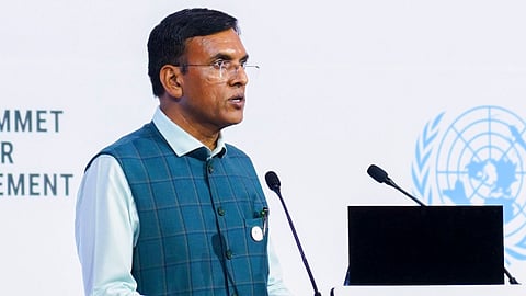 Union Minister Mansukh Mandaviya speaks during the United Nations' Second World Summit for Social Development in Doha, Qatar, Nov. 5, 2025.