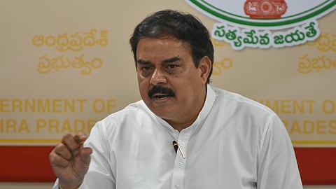 Civil Supplies Minister Nadendla Manohar addressing the media regarding paddy procurement in Vijayawada on Wednesday.