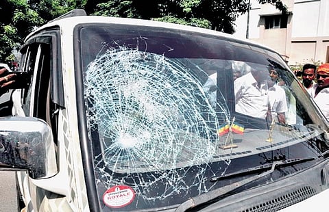 One of the vehicles damaged during the attack on Tuesday
