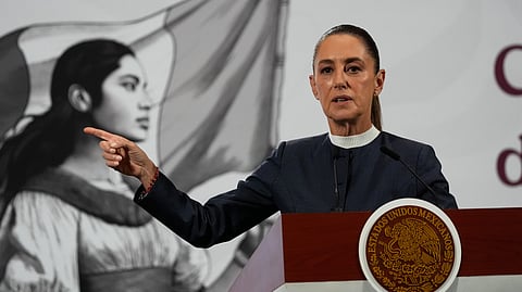 Mexican President Claudia Sheinbaum gives a morning press conference at the National Palace in Mexico City, Monday, Nov. 3, 2025.
