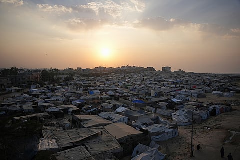 A tent camp for displaced Palestinians stretches along Zawaida in the central Gaza Strip on Tuesday, Nov. 4, 2025.