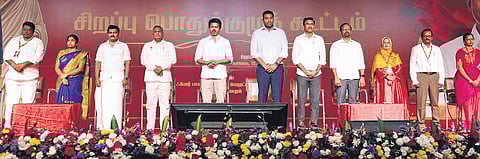 Tamilaga Vettri Kazhagam (TVK) president Vijay along with office-bearers during the party’s special general council meeting at Mahabalipuram in Chennai on Wednesday.