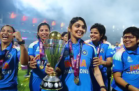 Harleen Deol (C) with the World Cup trophy