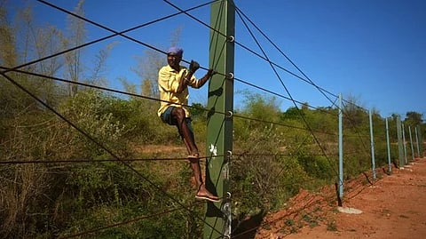 Steel wire fence set up to prevent wild elephants at Hosur forest division.