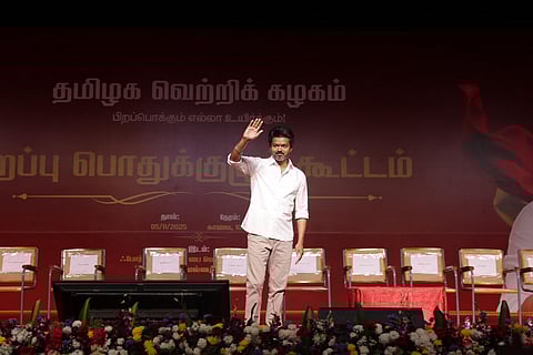 TVK president Vijay during the party's general body meeting