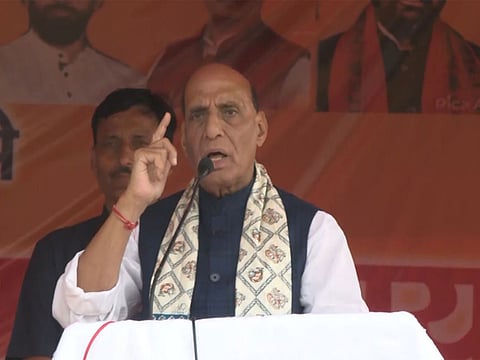 Rajnath Singh addressing an election rally in favour of JDU candidate Shalini Mishra.