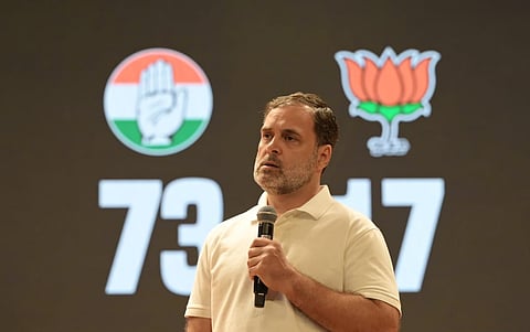 Congress leader Rahul Gandhi addresses a press conference at AICC HQ in New Delhi on Wednesday, Nov 5, 2025