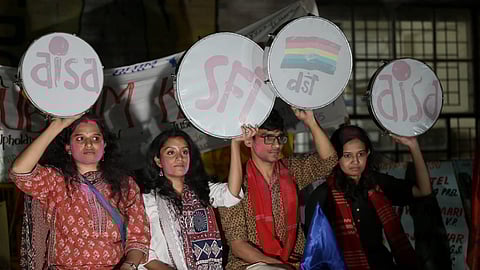 (L to R) JNUSU poll winners Aditi Mishra (President, AISA), K. Gopika (Vice-President, SFI), Sunil Yadav (General Secretary, DSF), and Danish Ali (Joint Secretary, AISA) celebrate after the results on campus in New Delhi on Thursday.