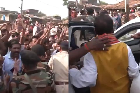 Sinha, seeking a fourth consecutive term, claimed his car was surrounded by RJD workers who pelted stones, cow dung, and hurled slippers while chanting “Murdabad.”