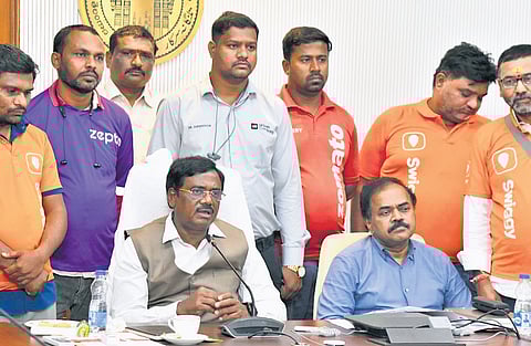 Labour Minister Vivek Venkataswamy during a meeting with gig workers and other stakeholders at the Secretariat in Hyderabad on Thursday.