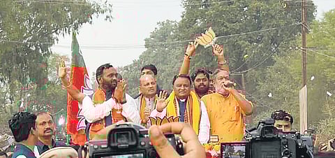 CM Mohan Charan Majhi during the election roadshow at Komna in Nuapada.