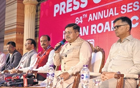 Works minister Prithiviraj Harichandan addressing mediapersons on Thursday.