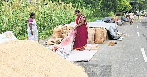 Farmers waiting with their harvested paddy near a direct procurement centre at Panayapuram in Tiruchy