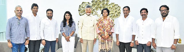Former India women’s team captain Mithali Raj and ace bowler Sree Charani with Chief Minister N Chandrababu Naidu at Undavalli on Friday.