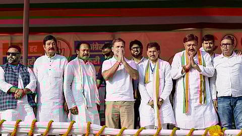 LoP in the Lok Sabha and Congress leader Rahul Gandhi during a public rally for the Bihar Assembly polls, in Bhagalpur, Bihar.