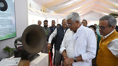 Union minister Gajendra S Shekhawat during the inauguration of Vande Mataram Exhibition at Indira Gandhi Indoor Stadium on Thursday.