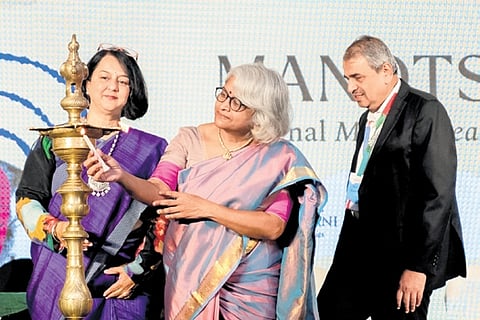 Philanthropist Rohini Nilekani, NIMHANS Director Dr Pratima Murthy and Director for Bengaluru Centre, NCBS, Prof LS Shashidhara inaugurate Manotsava 2025, in Bengaluru on Saturday.