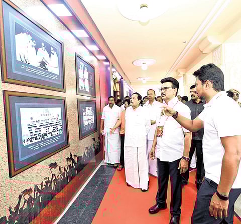Chief Minister MK Stalin visiting a photo exhibition which was set up as part of the DMK’s ‘Knowledge Festival’, in Chennai on Saturday.