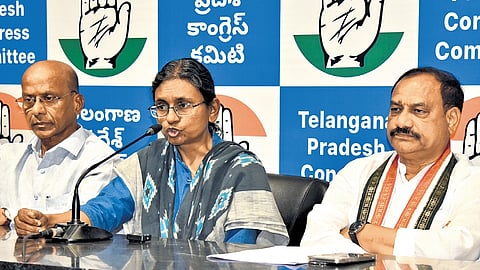 AICC Telangana in-charge Meenakshi Natarajan & TPCC working president Mahesh Kumar Goud address the media at Gandhi Bhavan in Hyderabad on Saturday.