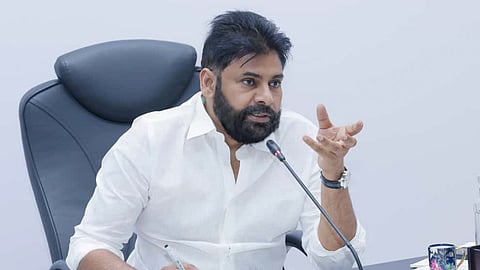 Deputy CM Pawan Kalyan during a review meeting with Panchayat Raj, Rural Development and Rural Water Supply department officials on Friday.
